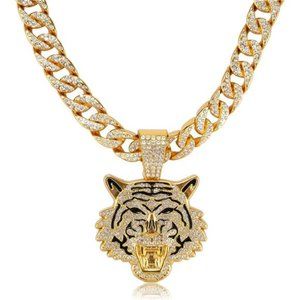 Miami Mens Cuban Link Chain Silver Gold Plated Bling Cuban Necklace Tiger